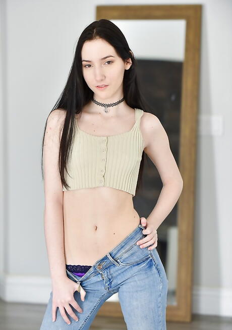 Excellent russian brunette teen Maia exposing tiny tits and spreading her legs 